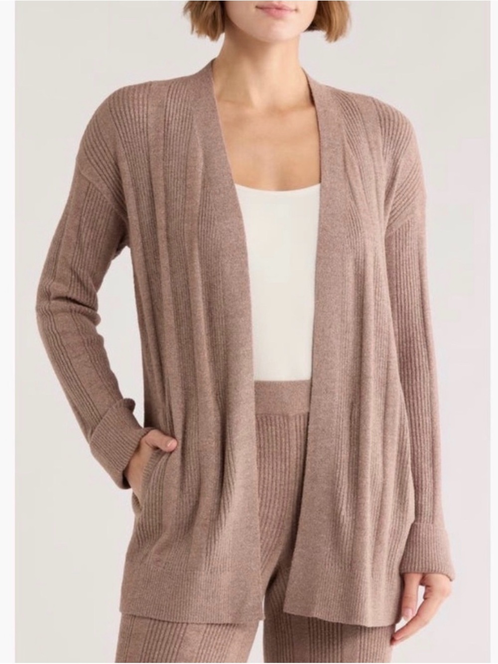 Barefoot Dreams CozyChic Ultra Lite Open-Front Ribbed Cardigan Sweater - Taupe